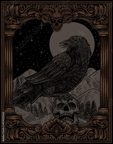 illustration vintage scary crow with engraving style