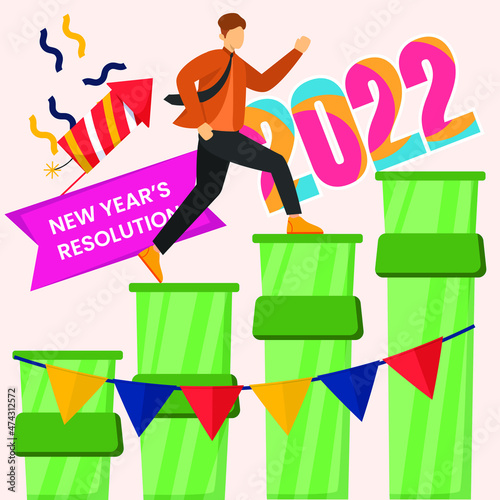 Male is very excited to achieve his desired resolution. Vector colorful illustration. New year.
