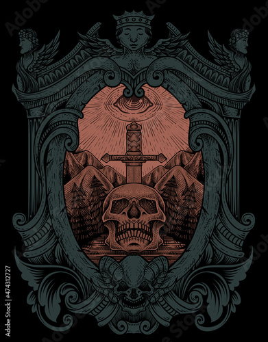 illustration antique skull sword with dark eyes engraving style