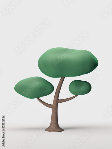 Fototapeta Naklejka Na Ścianę i Meble -  Stylized single tree, flat style green leaf and brown trunk isolated tree on a white background, 3d rendering