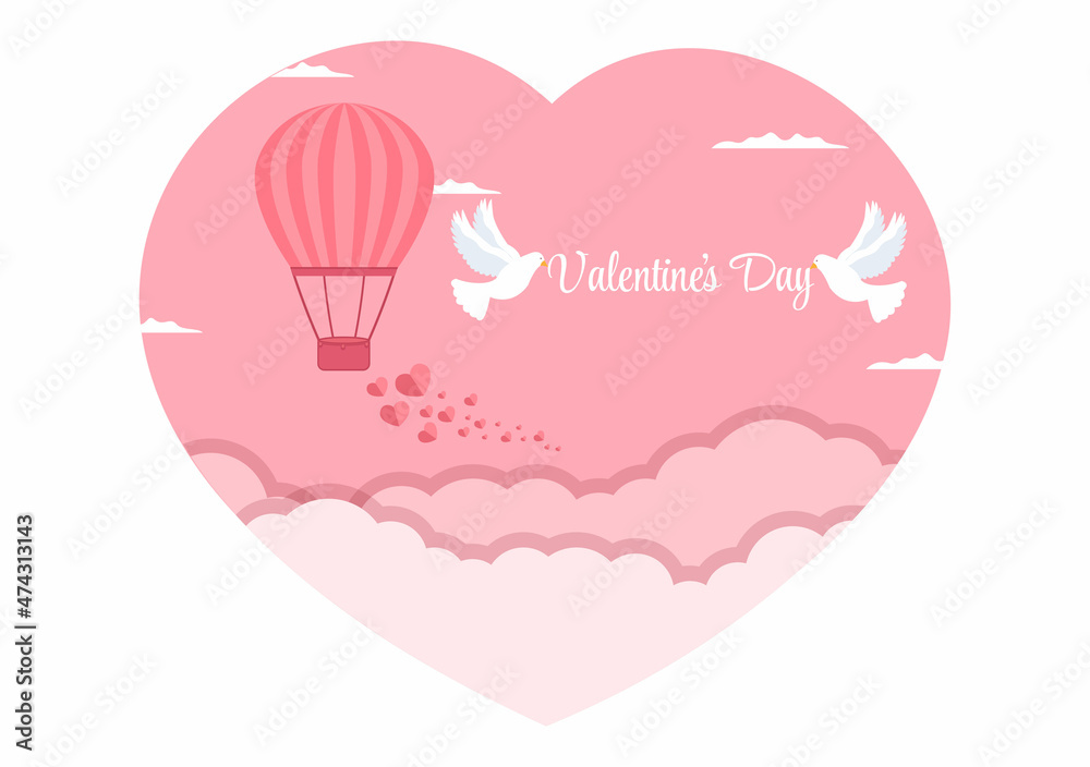 Happy Valentine's Day Flat Design Illustration Which is Commemorated on February 17 with Teddy Bear, Air Balloon and Gift for Love Greeting Card Happy Valentine's Day Flat Design Illustration Which is Commemorated on February 17 with Teddy Bear, Air Balloon and Gift for Love Greeting Card