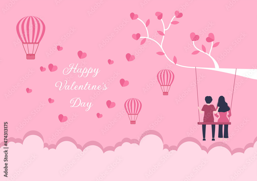 Happy Valentine's Day Flat Design Illustration Which is Commemorated on February 17 with Teddy Bear, Air Balloon and Couple for Love Greeting Card