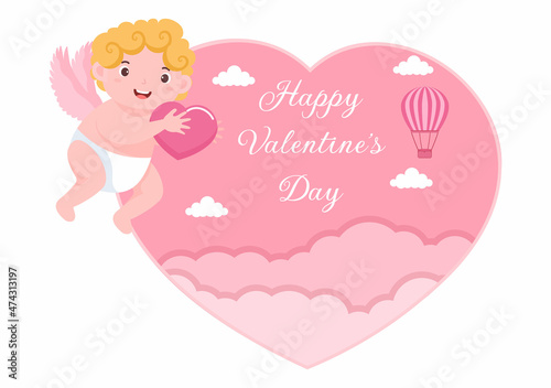 Happy Valentine's Day Flat Design Illustration Which is Commemorated on February 17 with Cute Cupid, Angels on Clouds for Love Greeting Card