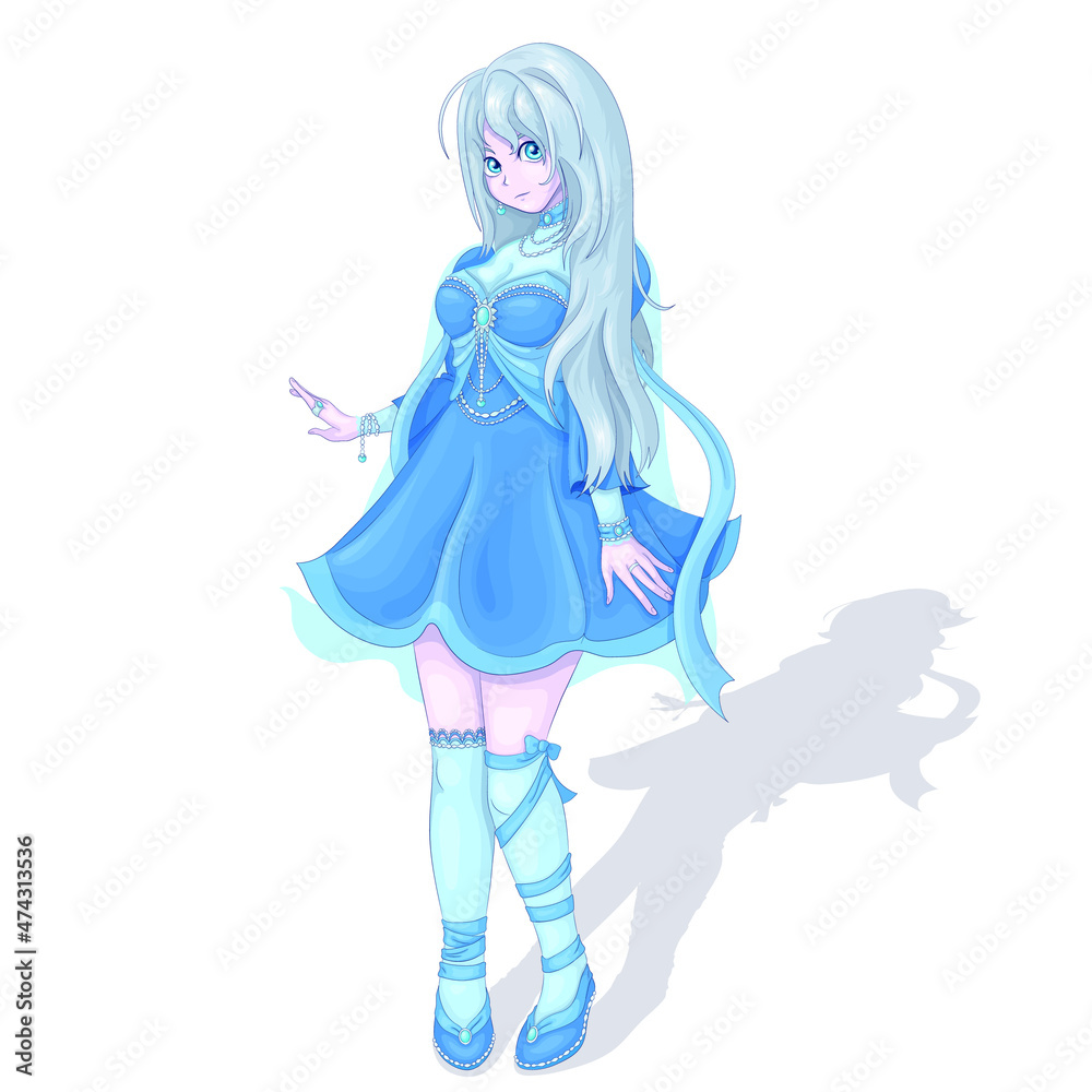 Vector illustration. An image of an anime girl with long blonde hair in a blue dress isolated on a white background. EPS 10 Vector illustration. An image of an anime girl with long blonde hair in a blue dress isolated on a white background. EPS 10
