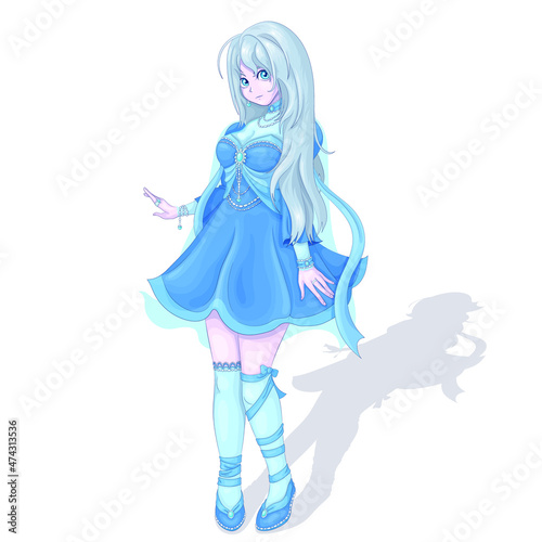 Vector illustration. An image of an anime girl with long blonde hair in a blue dress isolated on a white background. EPS 10 © Юяшка