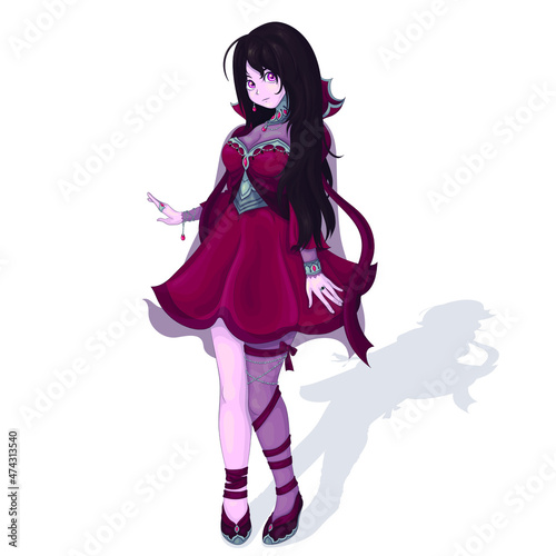 Vector illustration. An image of an anime girl with long dark hair in a red dress isolated on a white background. EPS 10