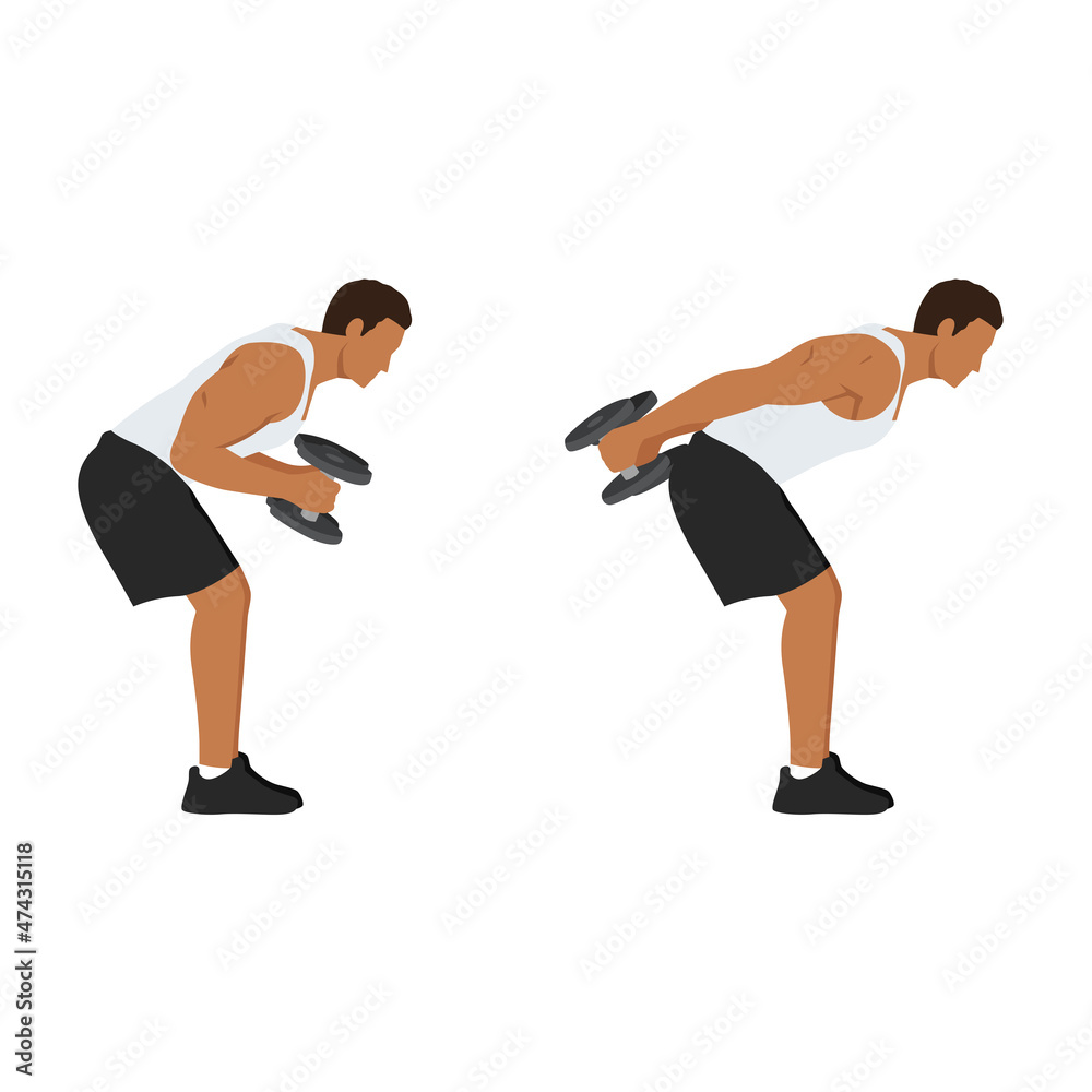 Man doing Bent over double arm tricep kickbacks exercise. Flat vector illustration isolated on white background Man doing Bent over double arm tricep kickbacks exercise. Flat vector illustration isolated on white background