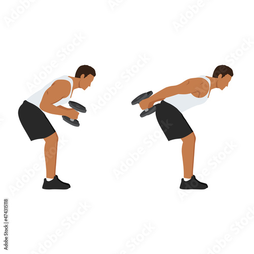 Man doing Bent over double arm tricep kickbacks exercise. Flat vector illustration isolated on white background