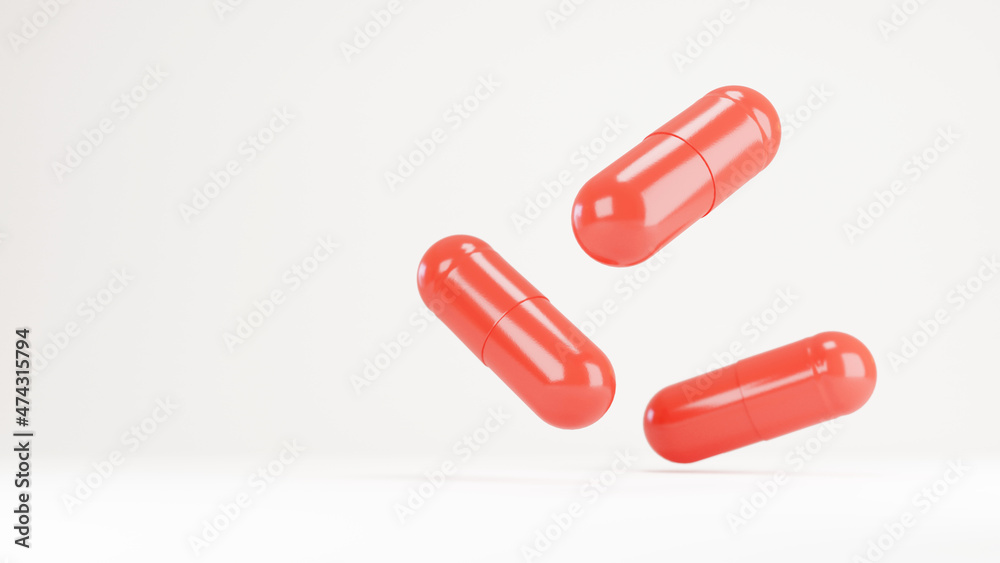 3D illustration red pills falling isolated on white background, close up of capsules 3D illustration red pills falling isolated on white background, close up of capsules