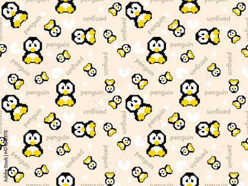 penguin cartoon character seamless pattern on cream background. Pixel style