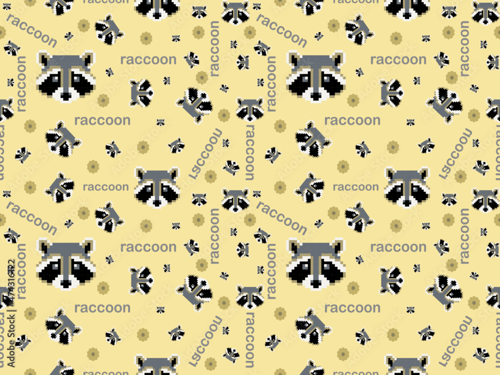 raccoon cartoon character seamless pattern on yellow background. Pixel style