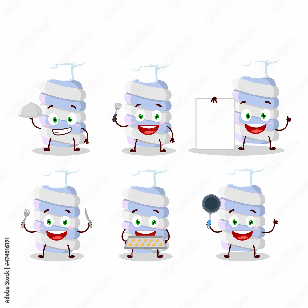 Cartoon character of blue marshmallow twist with various chef emoticons Cartoon character of blue marshmallow twist with various chef emoticons