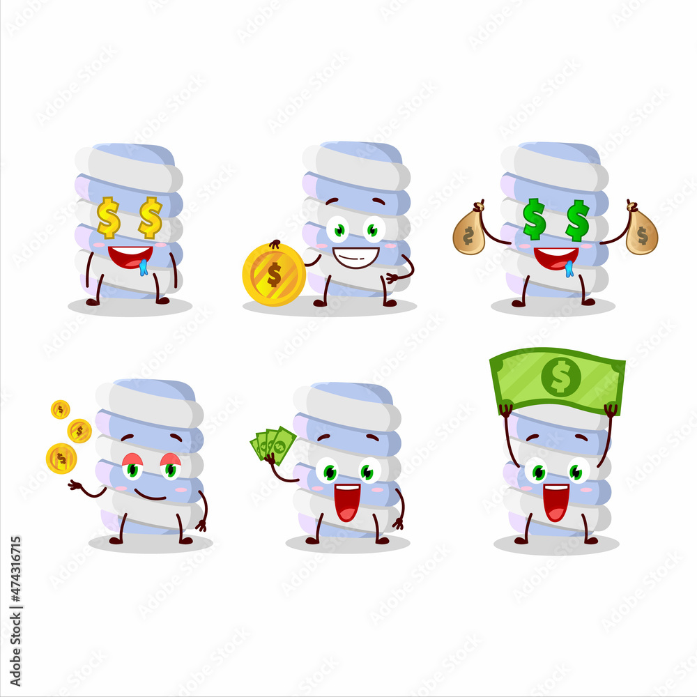 Blue marshmallow twist cartoon character with cute emoticon bring money
