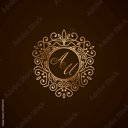 AU initial letter luxury monogram logo, elegant ornamen jewelry, emblem of love shape heart