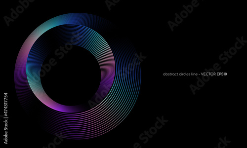 Abstract circles lines pattern round frame colorful spectrum light isolated on black background. Vector illustration in concept digital, technology, modern, science.