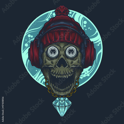 artwork illustration and t shirt design skull and headphone and winter hat
