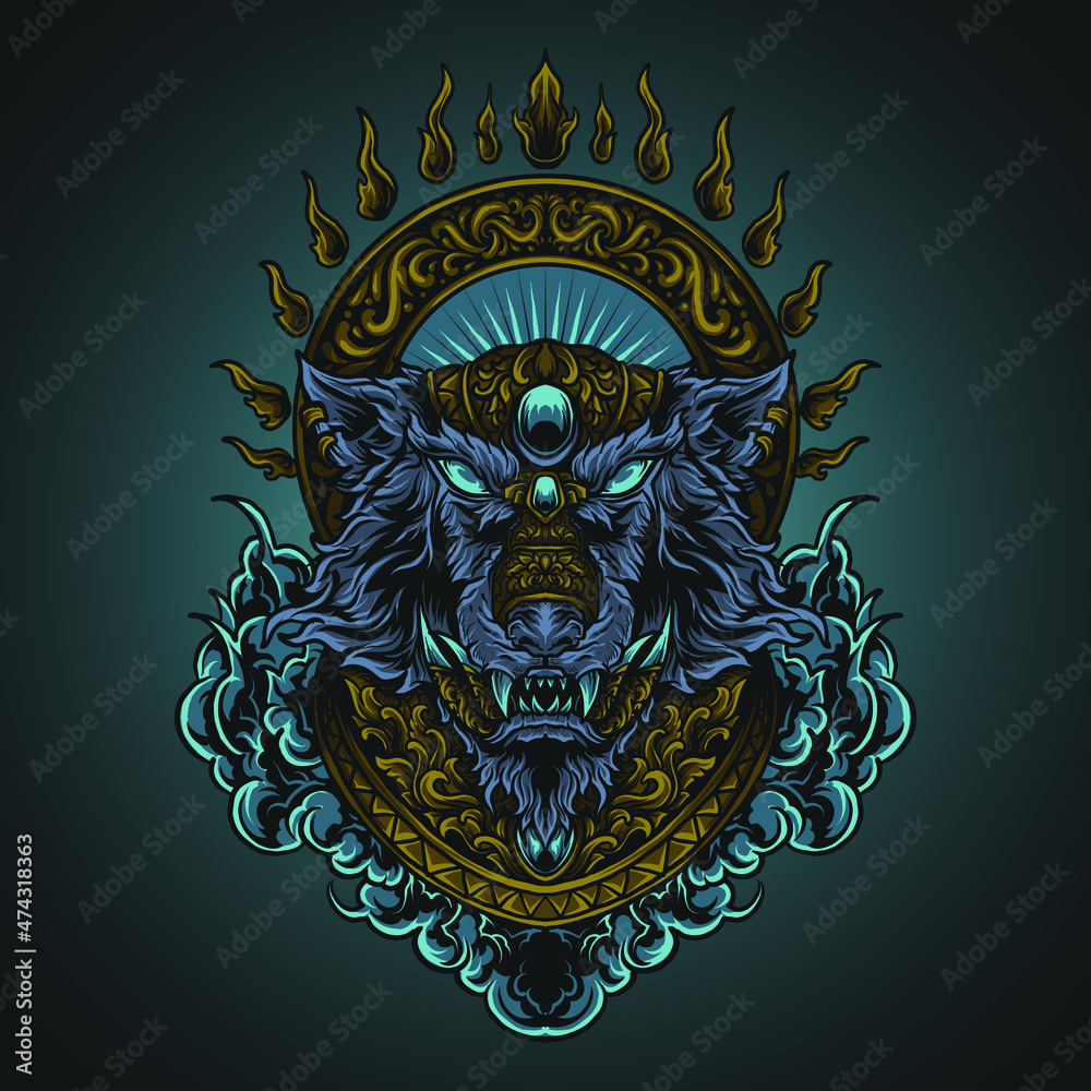 Fototapeta premium artwork illustration and t shirt design mythical wolf engraving ornament