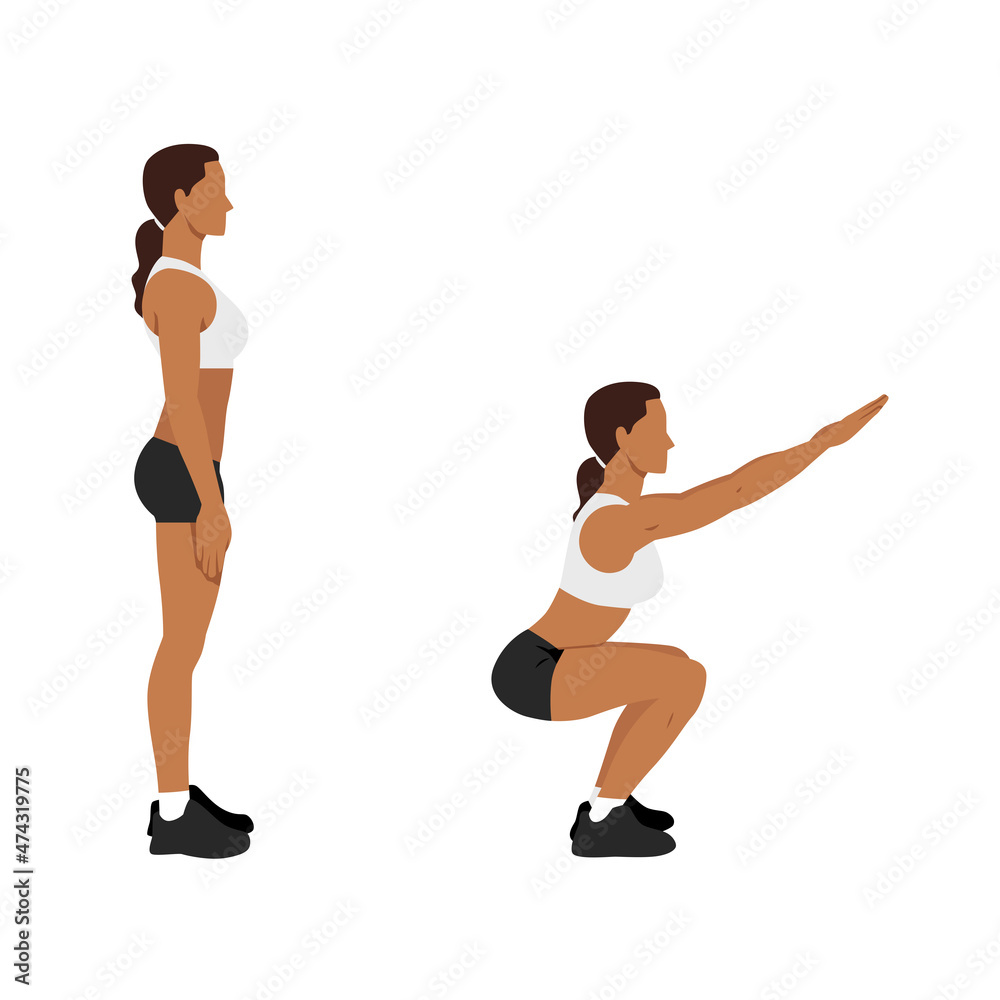 Vetor de Exercise guide by woman doing air squat in 2 steps in side view.  Illustration about workout position introduction. do Stock