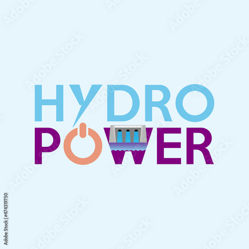 Hydropower typographic design. Dam symbol and power button as a gimmick of hydroelectricity. Vector illustration outline flat design style.