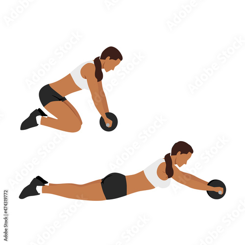 Woman doing abdominal roller exercise side view. vector illustration isolated on background