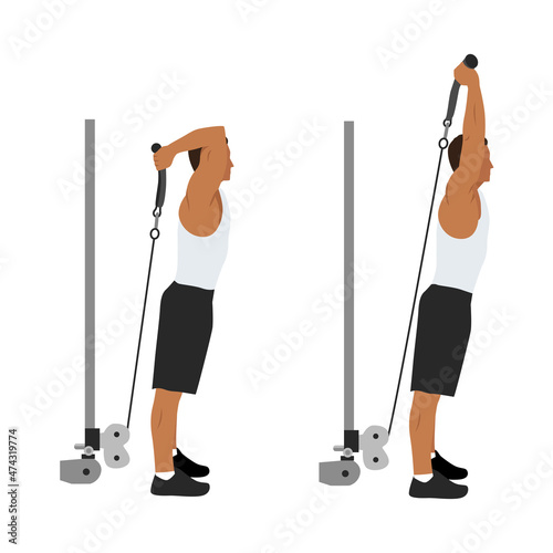 Man doing cable rope overhead triceps extensions flat vector illustration isolated on white background