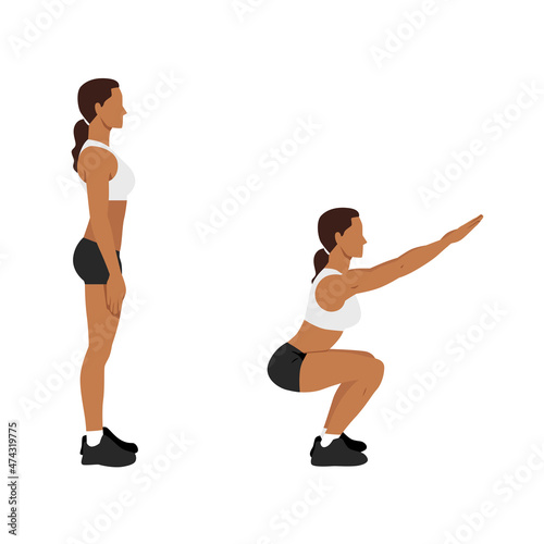 Exercise guide by woman doing air squat in 2 steps in side view. Illustration about workout position introduction.