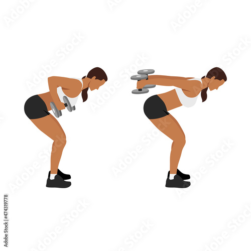 Woman doing bent over double arm tricep kickbacks exercise flat vector illustration isolated on white background 