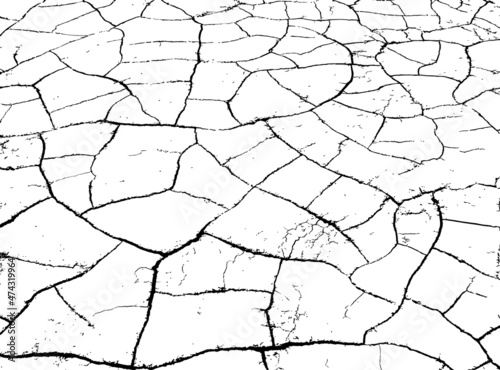 The texture of dry cracked earth. The structure of the cracking soil. Black and white vector illustration.
