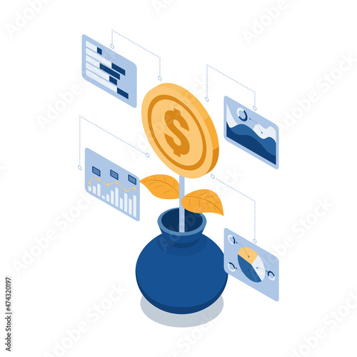 Isometric Coin Plant Growing from Flower Pot with Financial Chart