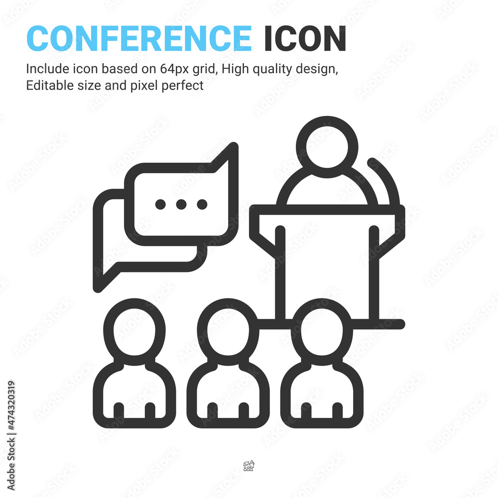 Conference icon vector with outline style isolated on white background. Vector illustration presentation sign symbol icon concept for business, finance, industry, company, apps, web and project Conference icon vector with outline style isolated on white background. Vector illustration presentation sign symbol icon concept for business, finance, industry, company, apps, web and project