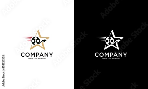 Logo of cinema's star. Play music sound button and video film strips logo icon vector.