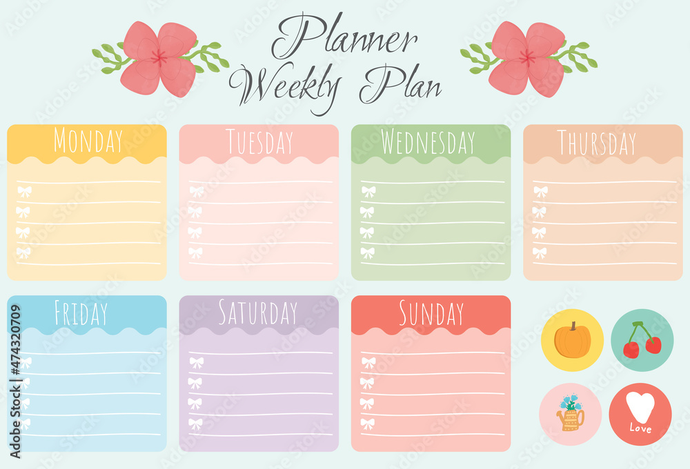 Cute weekly planner paper note and printable. To do list template. Business organizer set. Simple page. Scrapbook and schedule collection. Banner design for message. Sticker memo. Vector illustration.