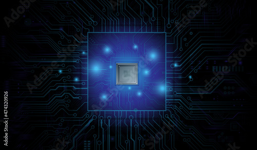 CPU Chip on Motherboard. Central Computer Processors CPU concept. Quantum computer, large data processing, database concept. Futuristic microchip processor. Digital chip.