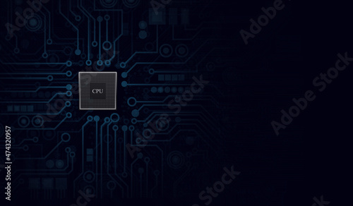 CPU Chip on Motherboard. Central Computer Processors CPU concept. Quantum computer, large data processing, database concept. Futuristic microchip processor. Digital chip.