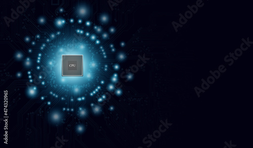 CPU Chip on Motherboard. Central Computer Processors CPU concept. Quantum computer, large data processing, database concept. Futuristic microchip processor. Digital chip.