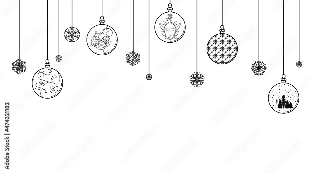 Black Doodle Outline Simple Line Abstract Merry Christmas Xmas Balls With Snowflakes Holiday Decorations Happy New Year Background Vector Design Style Black Doodle Outline Simple Line Abstract Merry Christmas Xmas Balls With Snowflakes Holiday Decorations Happy New Year Background Vector Design Style