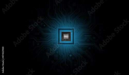 CPU Chip on Motherboard. Central Computer Processors CPU concept. Quantum computer, large data processing, database concept. Futuristic microchip processor. Digital chip.