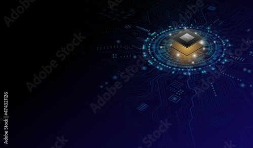 CPU Chip on Motherboard. Central Computer Processors CPU concept. Quantum computer, large data processing, database concept. Futuristic microchip processor. Digital chip.