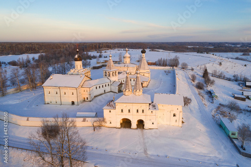 View of the ancient Ferapontov monastery on a December twilight. Vologda region, Russia