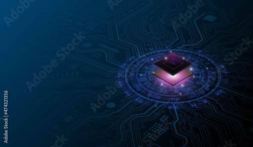 CPU Chip on Motherboard. Central Computer Processors CPU concept. Quantum computer, large data processing, database concept. Futuristic microchip processor. Digital chip.