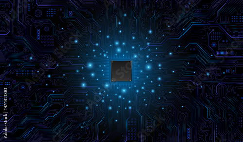CPU Chip on Motherboard. Central Computer Processors CPU concept. Quantum computer, large data processing, database concept. Futuristic microchip processor. Digital chip.