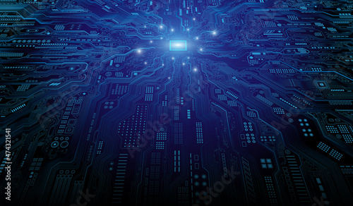 CPU Chip on Motherboard. Central Computer Processors CPU concept. Quantum computer, large data processing, database concept. Futuristic microchip processor. Digital chip.
