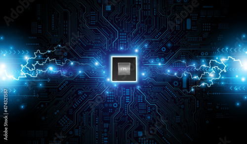CPU Chip on Motherboard. Central Computer Processors CPU concept. Quantum computer, large data processing, database concept. Futuristic microchip processor. Digital chip.