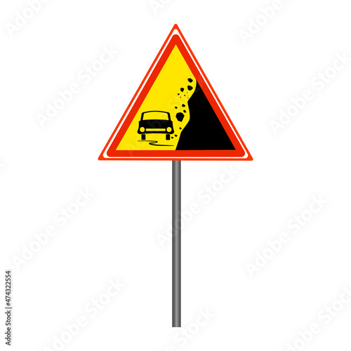 Warning falling rocks sign isolated on white background. Yellow triangle danger sign with car and stones landslide silhouette. Traffic caution insignia to rockslide. Rockfall.Stock vector illustration