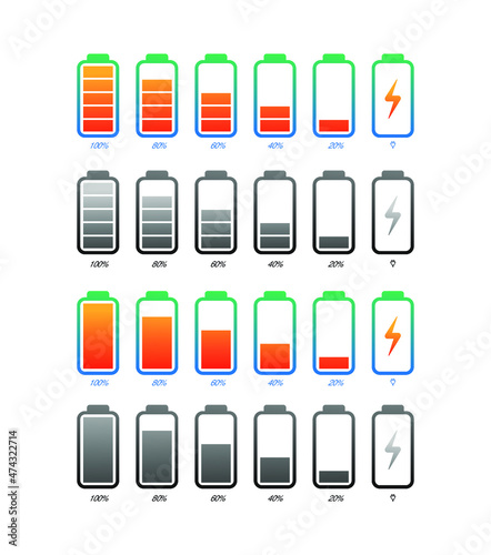 Vector battery symbol set different level of charge for ui energy symbol mobile phone, battery charge signs. Car battery indicator. Accumulator battery, wireless charging energy icons