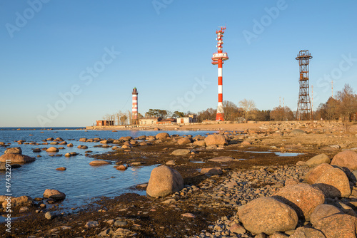 Sunny April evening at the old Shepelevsky lighthouse. South coast of the Gulf of Finland. Leningrad region, Russia