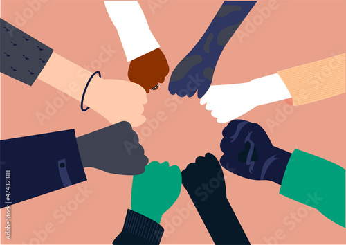 Flat illustration about celebrating friendship, bond, diversity, inclusion and togetherness. All hands together to represent unity and diversity. photo