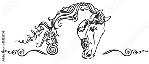 horse head ornament. Mehndi henna tattoo. Black and white outline vector illustration