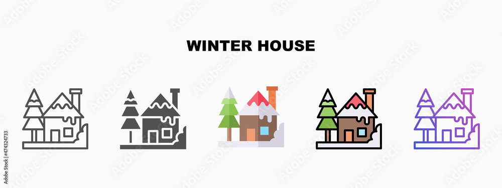Winter House icon set with different styles. Icons designed in outline, flat, glyph, line colored and gradient. Can be used for web, mobile, ui and more. Enjoy this icon for your project.