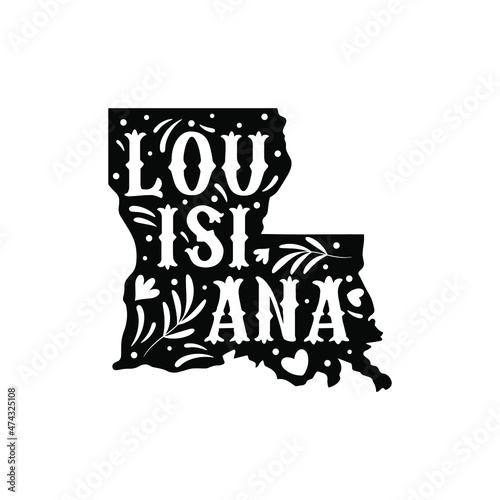 Louisiana state map with doodle decorative ornaments. For printing on souvenirs and T-shirts